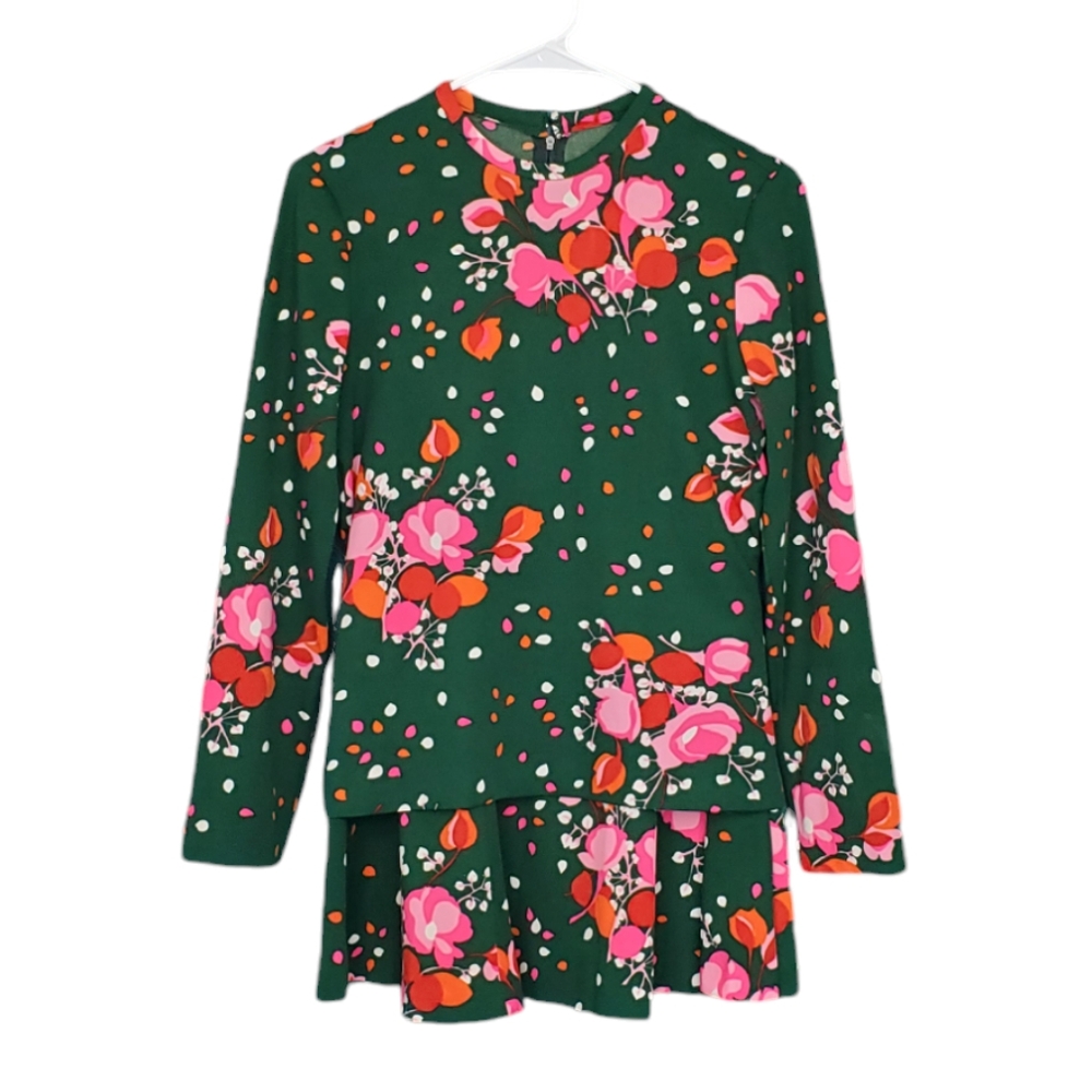 Vintage 70s Green Floral Skirt Set M Office Career Feminine Barbie